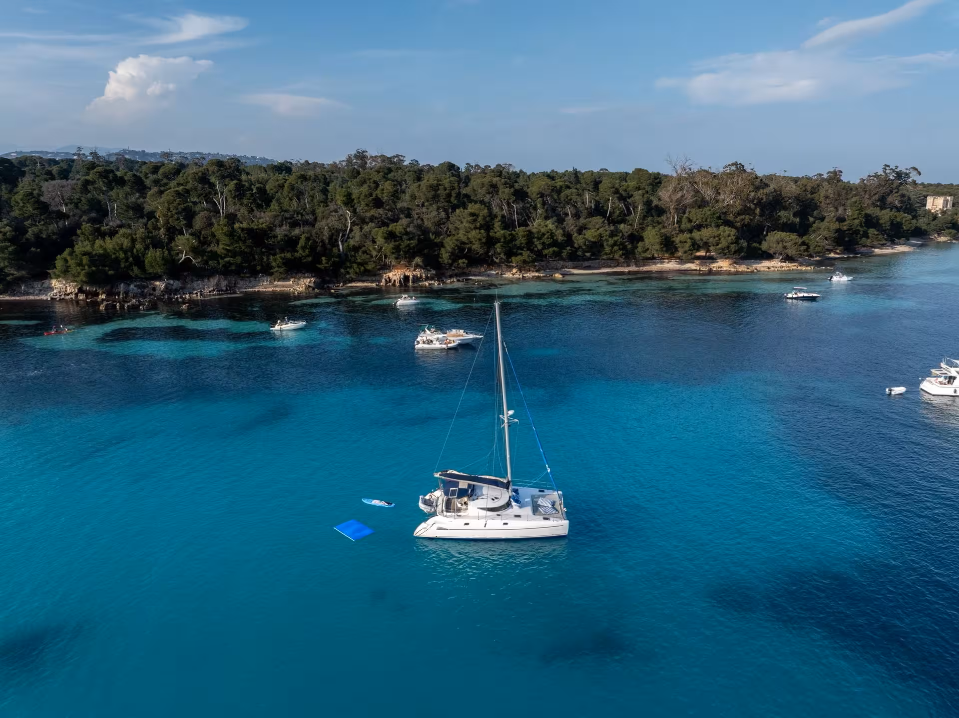 White catamaran anchored in turquoise waters near Cannes coastline with lush green trees and other boats nearby