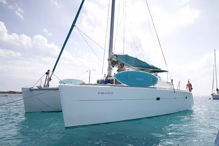 Luxurious private catamaran sailing in turquoise waters on a full-day trip from Ibiza to Formentera, perfect for relaxation and adventure.