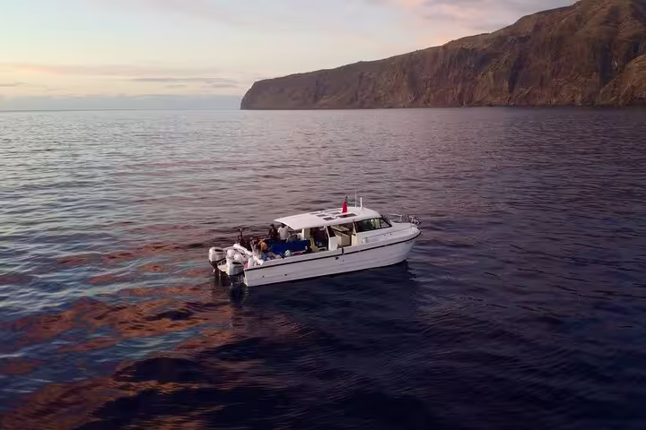 Private cruise boat navigating serene waters at sunset near scenic cliffside, ideal for adventure escape tours.