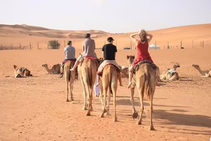 Group of people enjoying a camel ride through the vast Wahiba Sands Desert landscape on a private desert adventure.