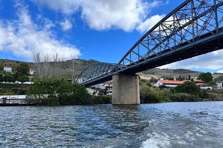 Cruising under a steel bridge on a private Douro River boat trip with guide and Port wine included