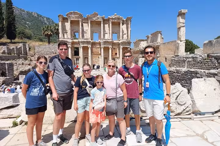 Group photo at Library of Celsus on private Ephesus shore excursion from Kusadasi Port with local guide