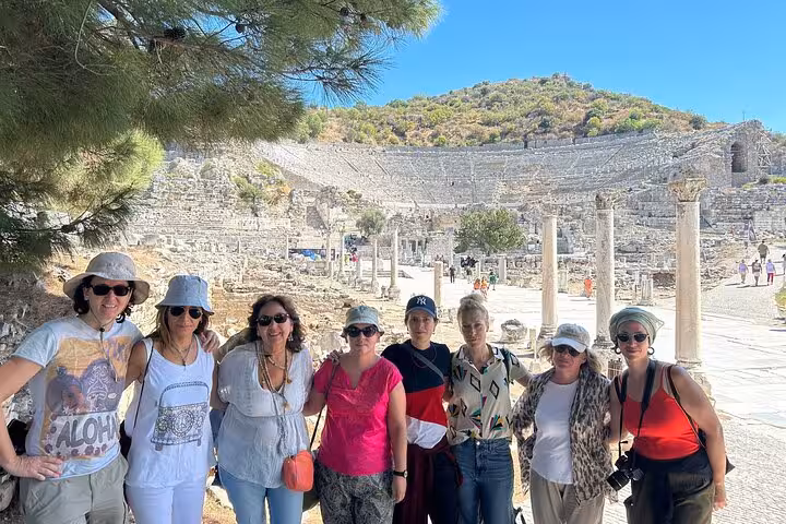 Private Ephesus tour group by the Great Theatre ruins, ideal skip-the-line shore excursion from cruise port