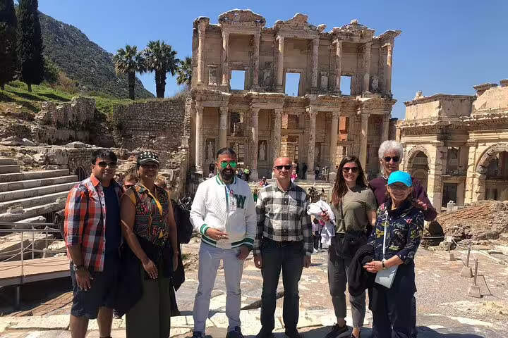 Private Ephesus tour group at Library of Celsus ruins, shore excursion from Kusadasi Port with shopping