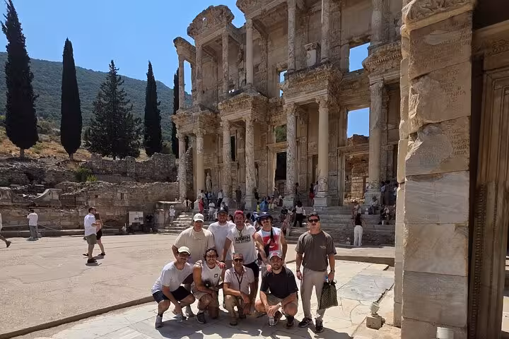 Private Ephesus shore excursion group in front of the Library of Celsus ruins, Kusadasi cruise tour no shopping