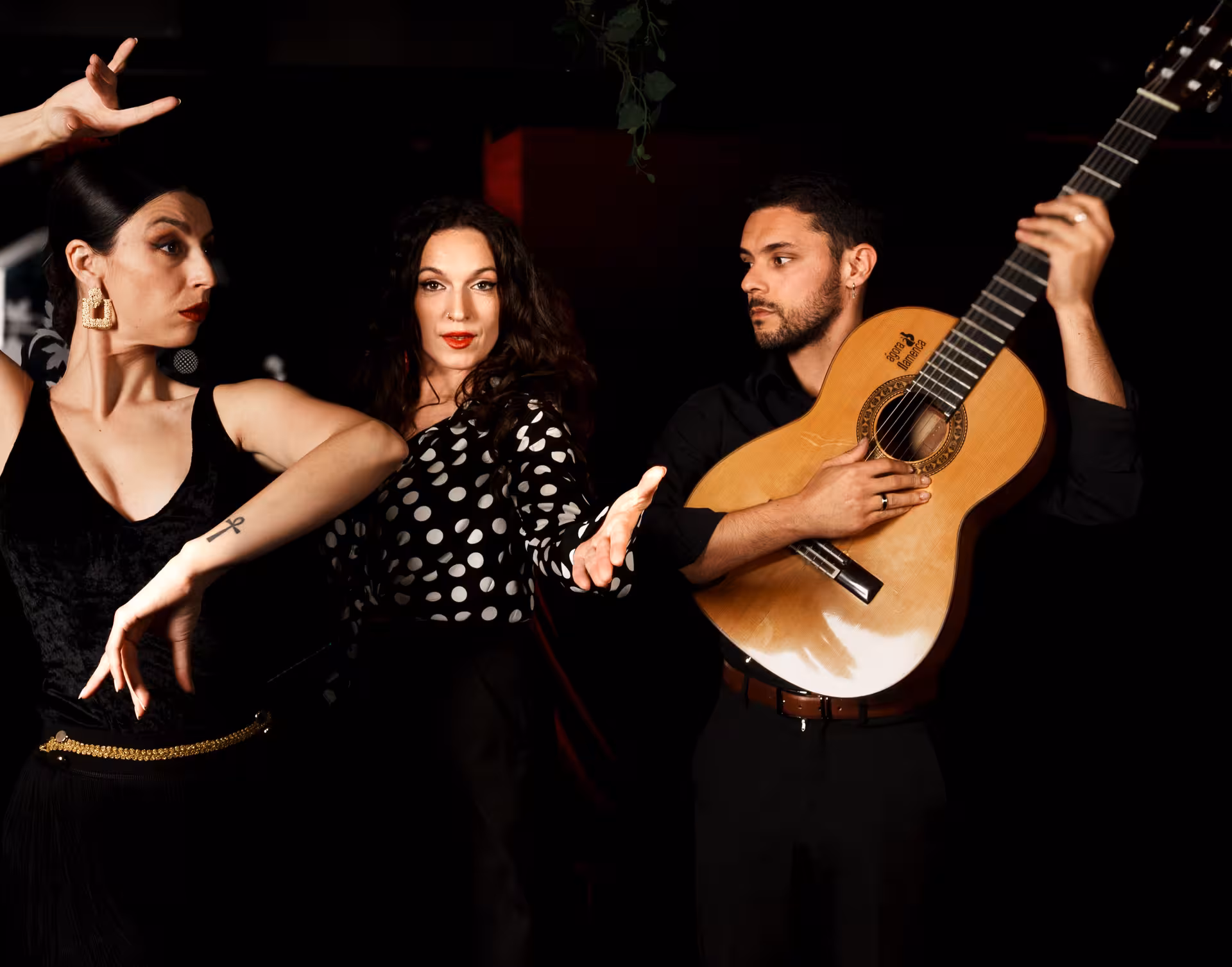 Dynamic flamenco performance with passionate dancers and a guitarist in an intimate setting.