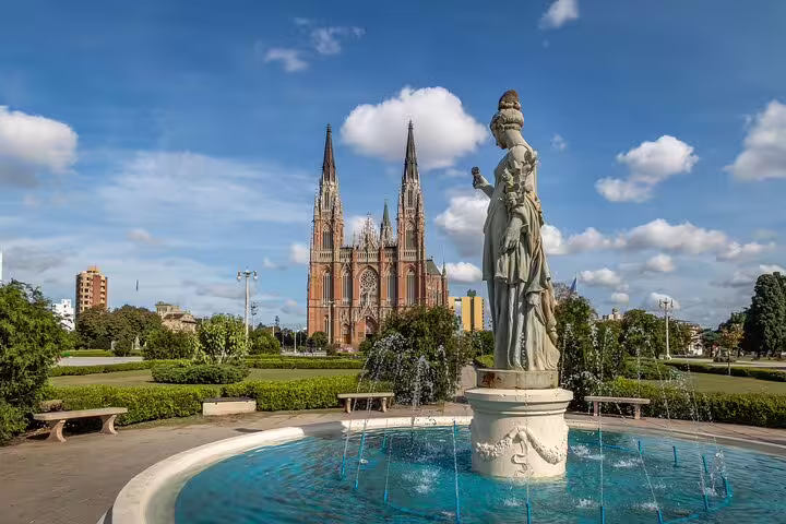 Private half-day Buenos Aires sightseeing at Plaza San Martin fountain with La Plata Cathedral in view