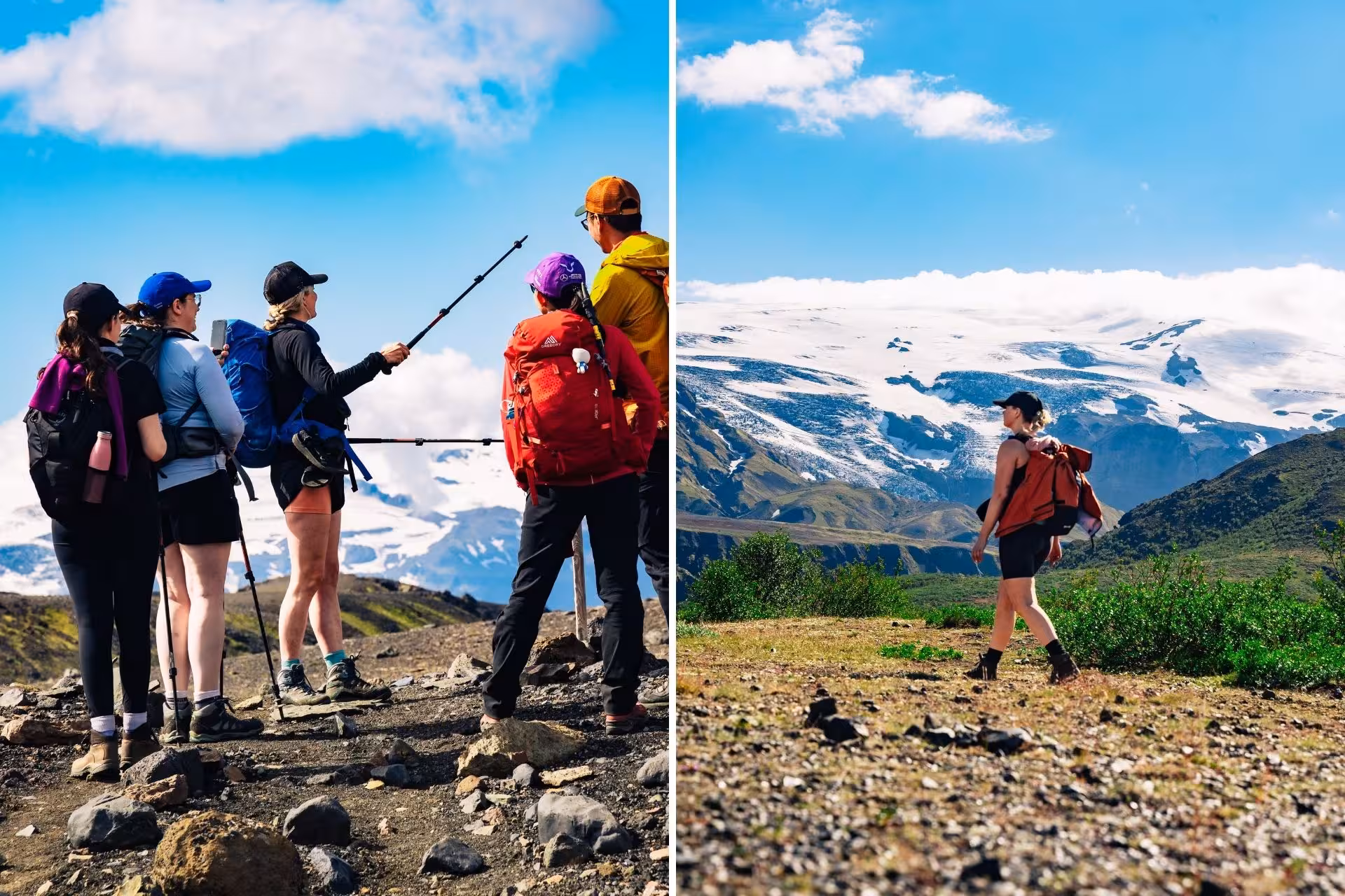 Hikers with trekking poles and backpacks exploring rocky Thorsmork trails with snow-capped Icelandic mountains in background