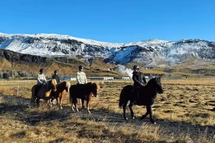 Riders on Icelandic horses crossing open fields with snowy mountains on a 1-hour private horseback riding tour