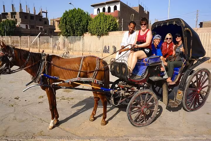 Group enjoying a private Luxor horse carriage ride with local driver, calèche tour through Luxor city streets