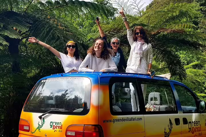 Tourists enjoying a vibrant safari van ride through lush greenery on a Private Magical Shore Excursion in the West.