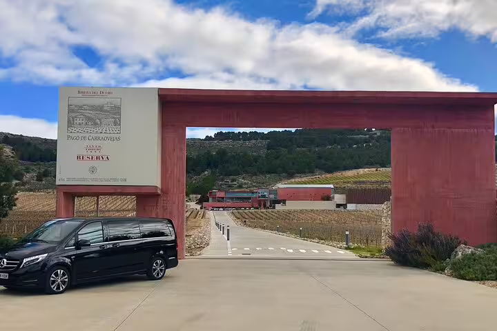 Private minivan transfer to Ribera del Duero, Mercedes van at Pago de Carraovejas winery entrance gate