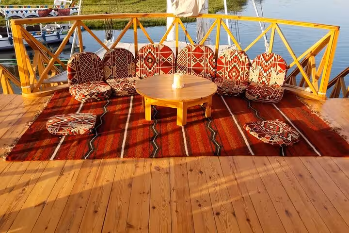 Traditional Nubian lounge deck seating on a private Nile cruise ship, 7 days 6 nights Luxor to Aswan