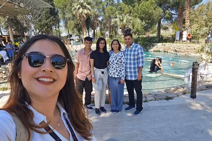 Private Pamukkale tour from Kusadasi or Selcuk with family selfie at Cleopatra Pool in Hierapolis, Turkey