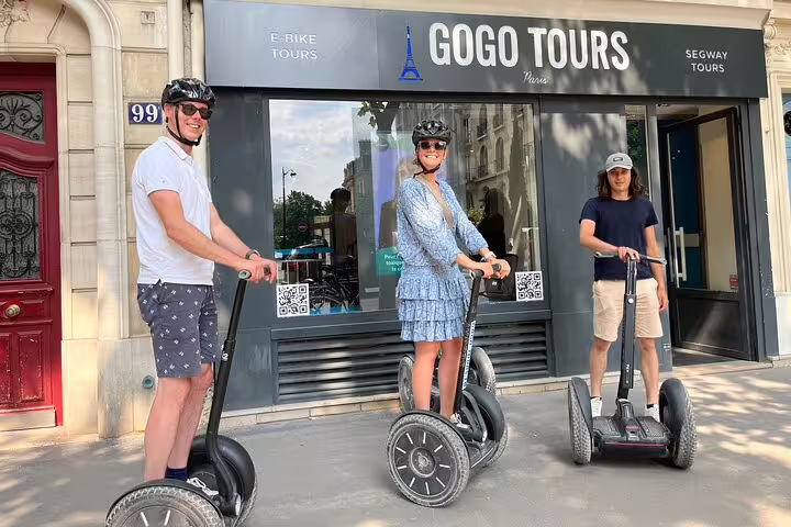 Guests on Segways outside GOGO Tours Paris meeting point, starting a 3-hour private local guide Segway tour