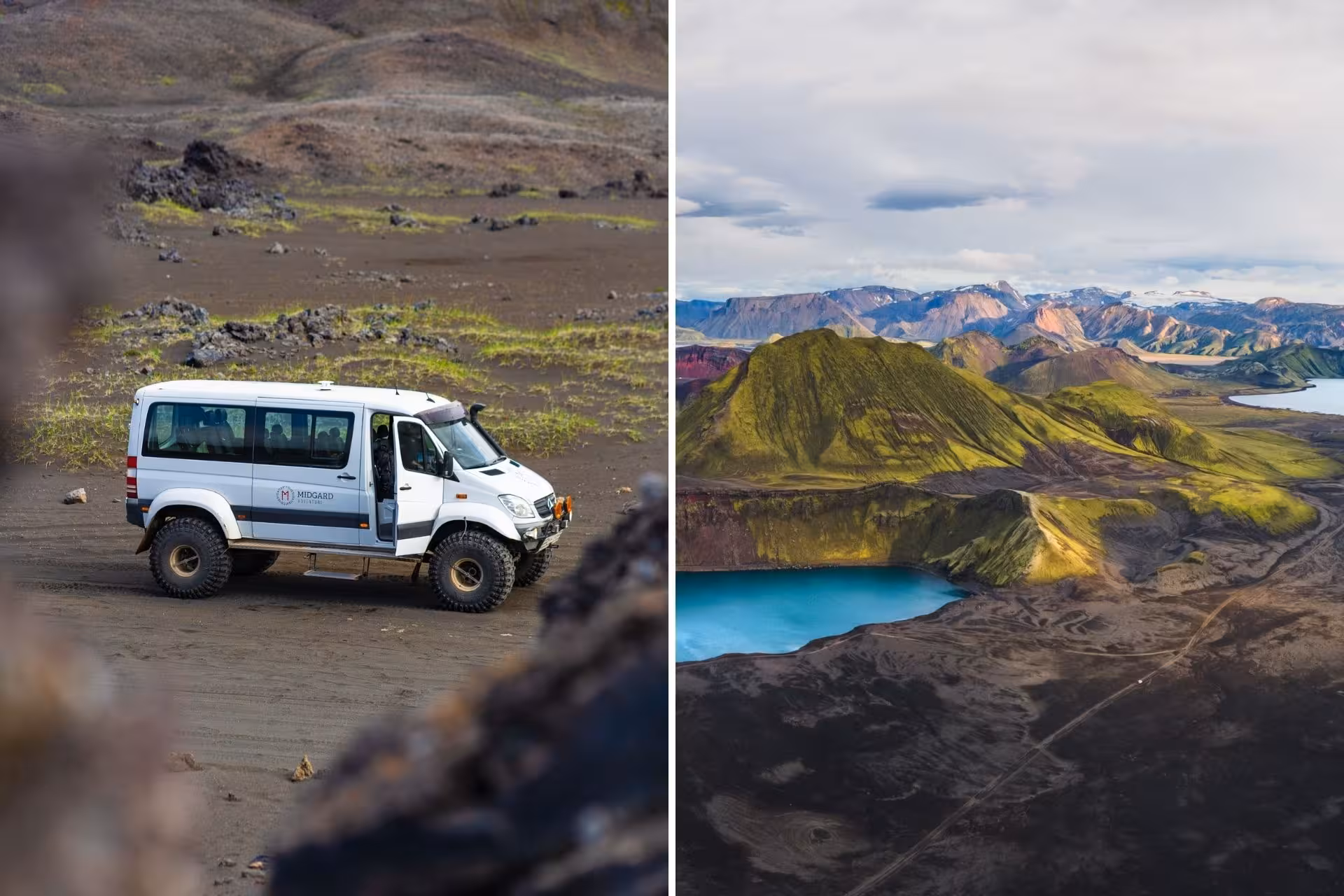 Midgard 4x4 super jeep van on volcanic black sand with colorful Landmannalaugar highlands and blue lake aerial view