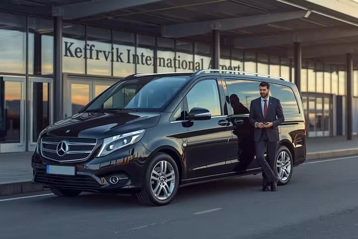 Professional chauffeur standing beside black Mercedes-Benz van at Keflavik International Airport
