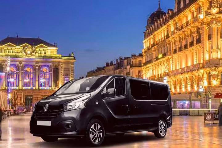 Private transfer Marseille to Montpellier with luxury van at night, professional chauffeur door-to-door service