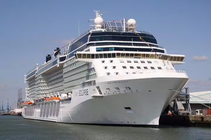 Large cruise ship at harbor, seamless private transfers from Lefkada to Athens with meet and greet service