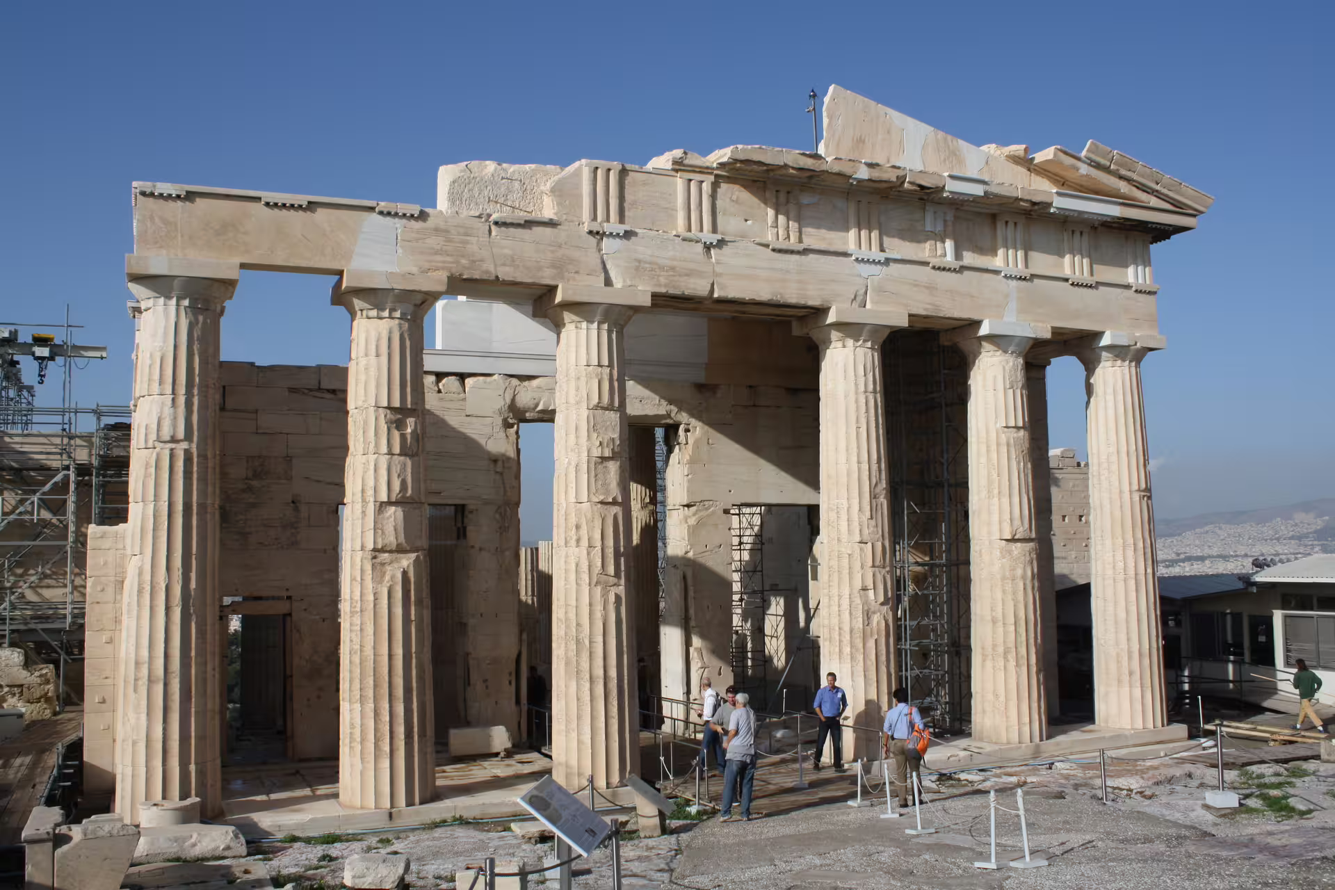 Propylaea entrance on Acropolis of Athens, ancient columns on skip-the-line guided walking tour