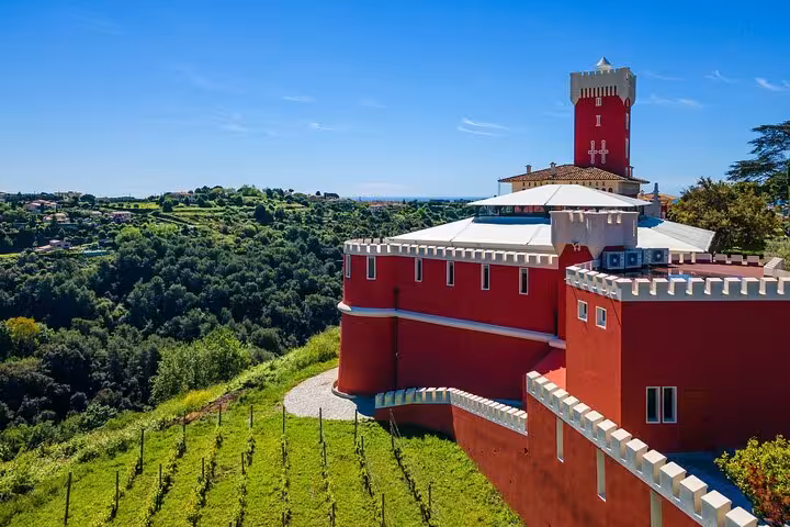 Charming red castle overlooking lush vineyards in the Provencal countryside, a highlight of a private wine tasting tour.