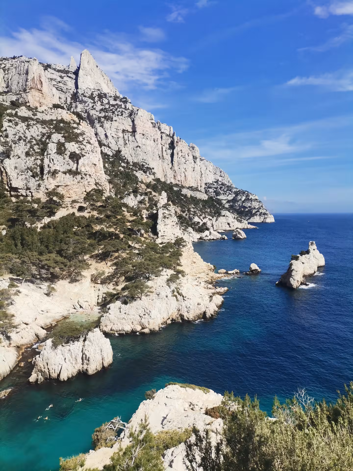 Dramatic limestone cliffs over turquoise Calanques waters, scenic coastal hike on Provence 11-day getaway