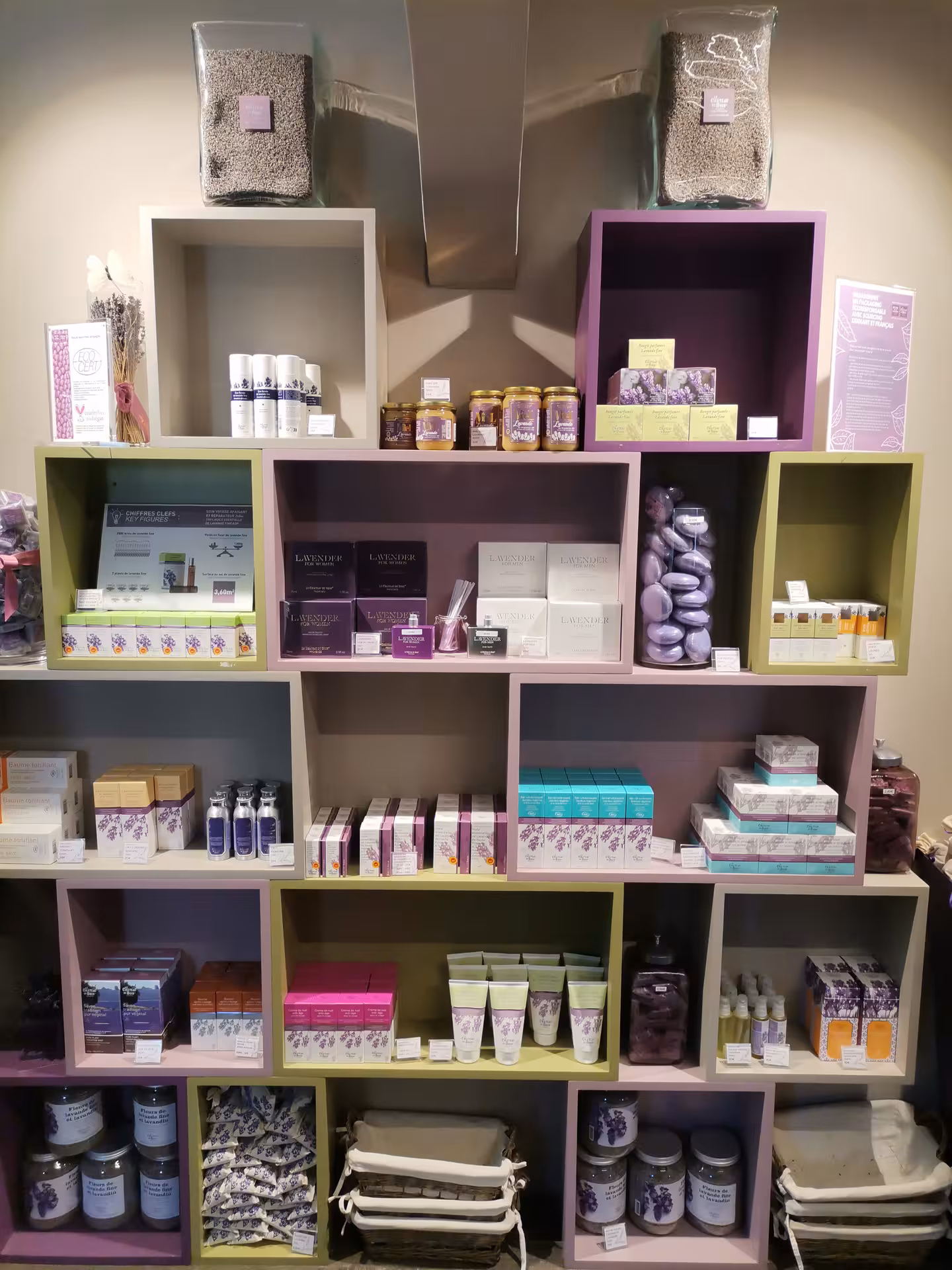 Display of Provence lavender soaps, essential oils and gift sets in the shop during a lavender field tour