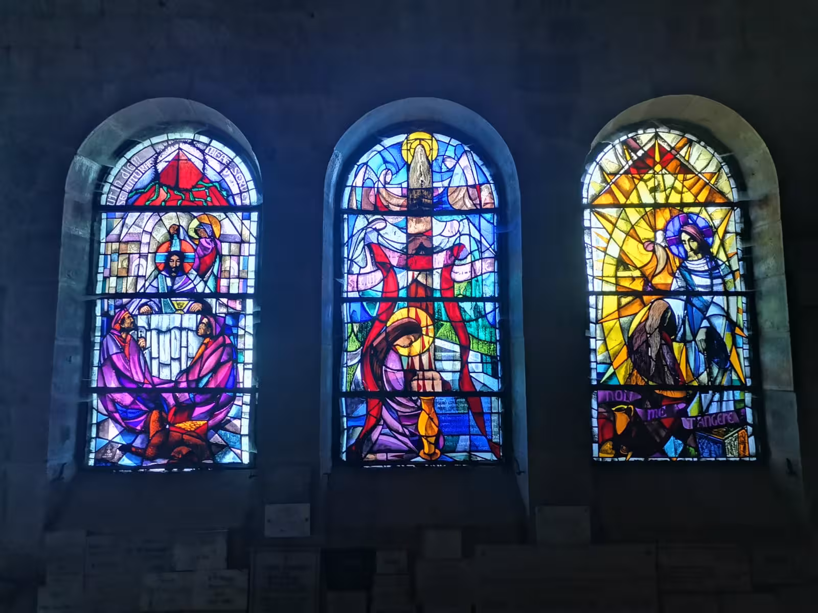 Colorful stained-glass church windows in Provence, sacred art highlight on 14-day Christian heritage tour