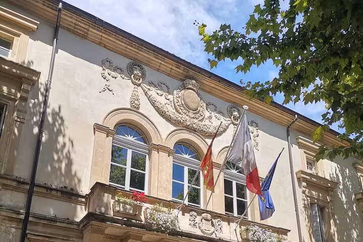 Historic Provence town hall facade with flags, a cultural stop on Baux and Saint-Rémy de Provence tour