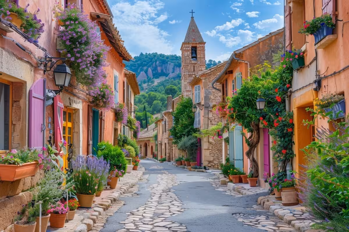 Colorful Provençal village street with stone buildings, flower pots, and a church bell tower in Provence, France