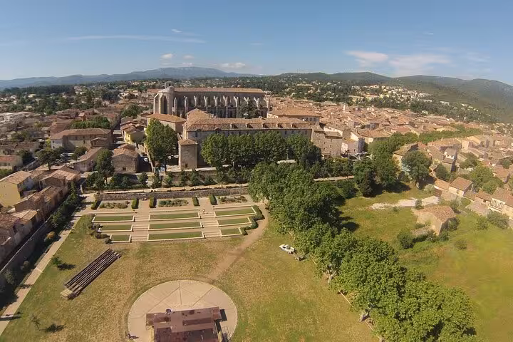 Aerial view of a historic village in Provence with lush gardens, perfect for a private day trip exploring vineyards.