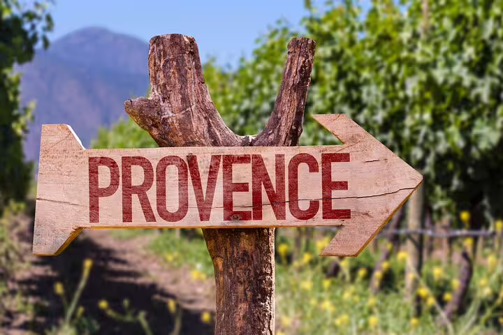 Wooden arrow sign pointing to Provence surrounded by lush green vineyard with mountains in background