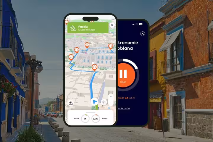 Puebla self-guided walking tour app showing interactive map with audio commentary on smartphone screens