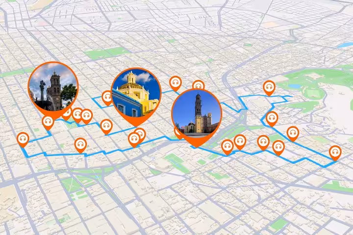 Interactive map of Puebla self-guided walking tour with audio markers and landmark photos of historic churches