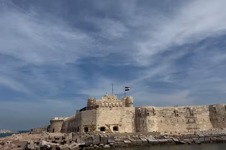 Close view of Qaitbay Citadel on Alexandria Corniche, Egypt during private VIP day tour with guide and lunch