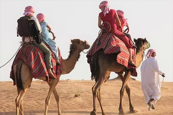 Tourists enjoying a traditional camel ride across golden Qatar desert dunes on a guided desert safari tour