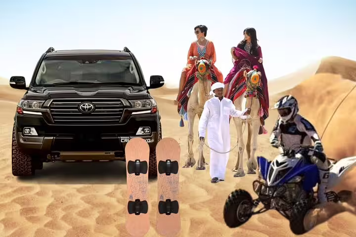 Qatar desert safari combo showing 4x4 dune bashing, camel riding, sandboarding, and quad biking