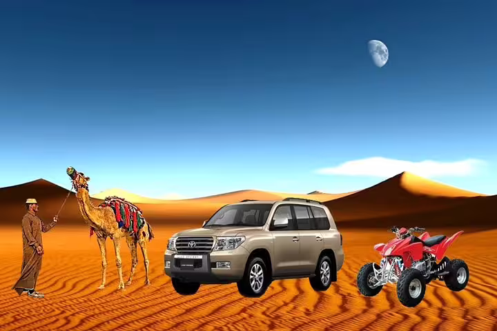 Qatar desert safari featuring a 4x4 SUV camel ride and quad bike on golden dunes under moonlit sky