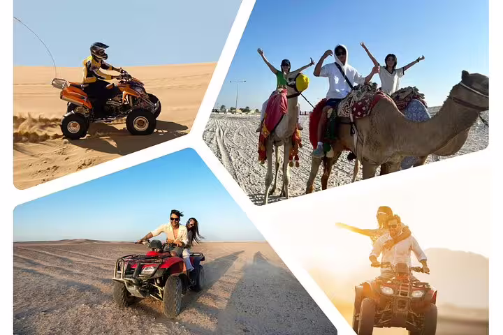 Collage of thrilling quad biking in the desert and joyful camel riding, perfect for an adventurous dune bashing experience.