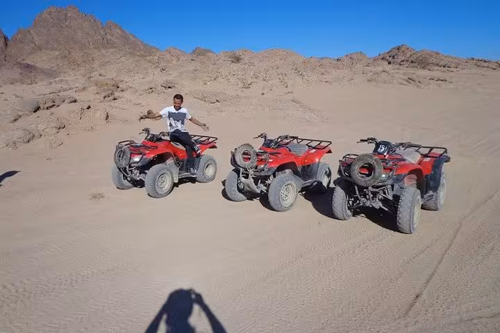 Quad bikes parked in Hurghada desert on 3-hour sunset ATV safari from El Gouna, Makadi Bay and Soma Bay