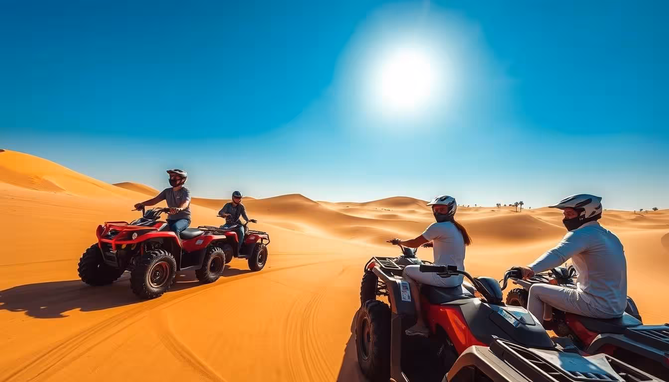 Quad biking across golden dunes on Desert Super Safari from Marsa Alam, Egypt, with helmeted riders