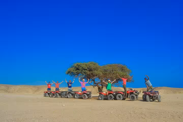 Group quad biking in Marsa Alam desert near a lone acacia tree on Bedouin village tour with dinner