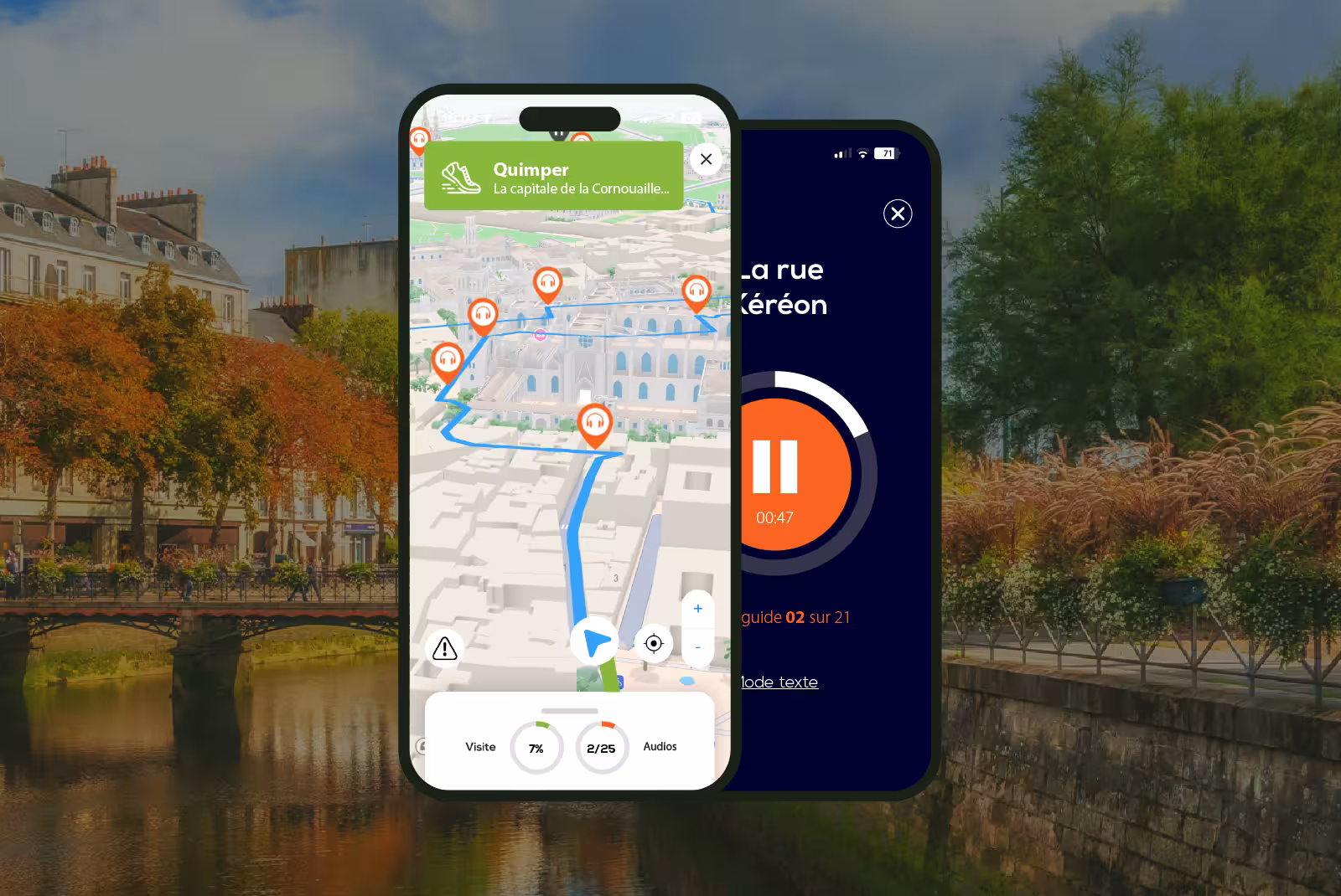 Quimper audioguide mobile application interface on smartphone with the Odet in the background.