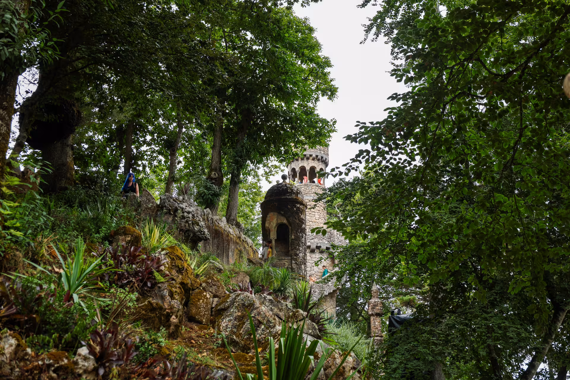 Scenic view of Quinta da Regaleira's stone tower peeking through dense trees on Sintra group tour from Lisbon.