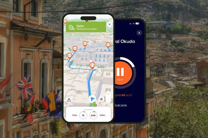 Self-guided audio city guide app showing Quito historic walking tour map with navigation and audio player