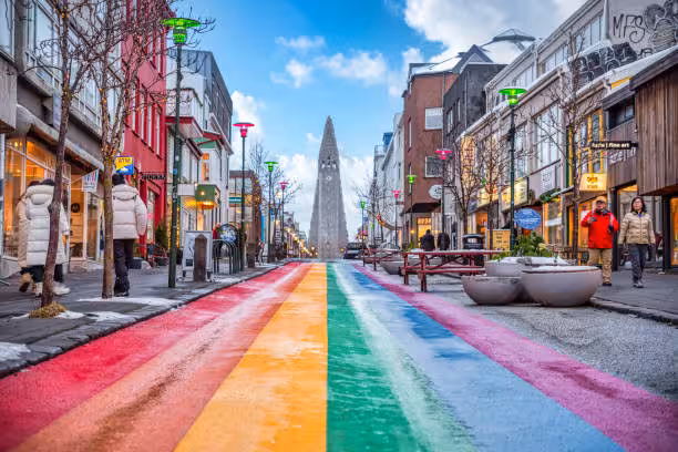 Rainbow street Skólavörðustígur leading to Hallgrímskirkja church on a Reykjavik private city tour