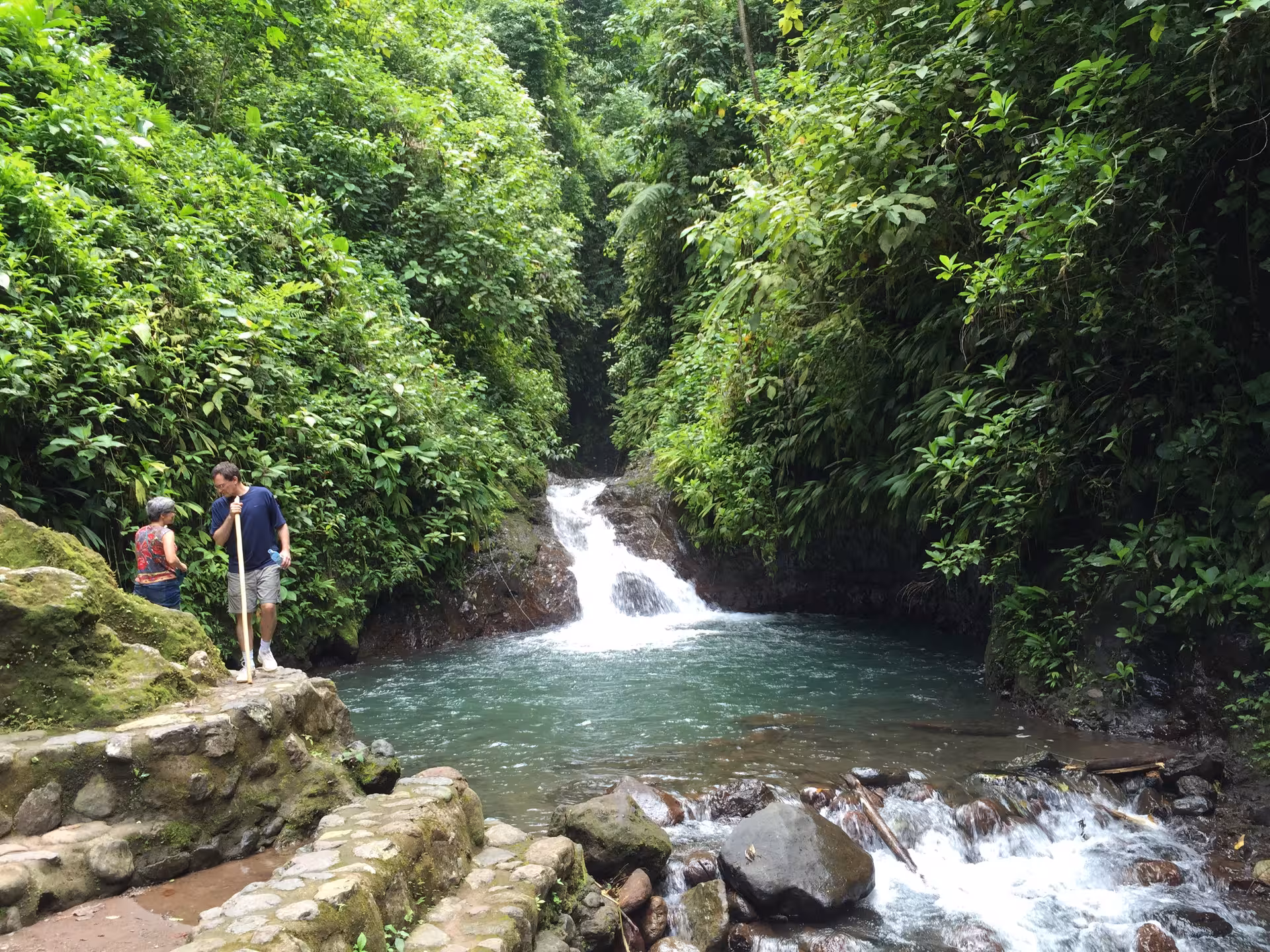 Visitors exploring lush rainforest and waterfall on the Rainmaker Park Tour from Manuel Antonio.