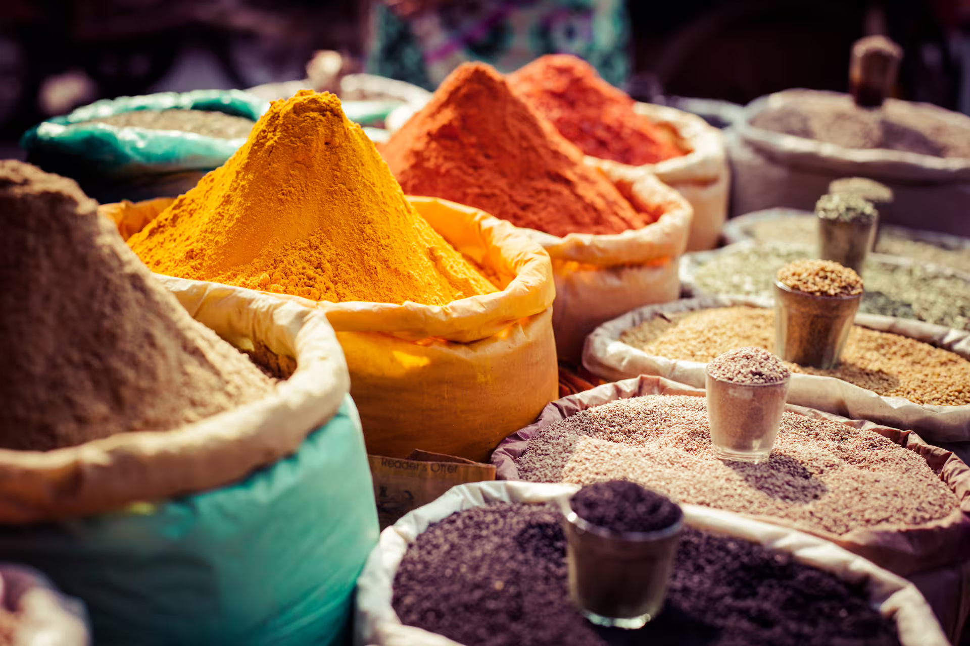 Vibrant spices in a bustling Rajasthan market, offering an authentic culinary experience on a 14-day tour.