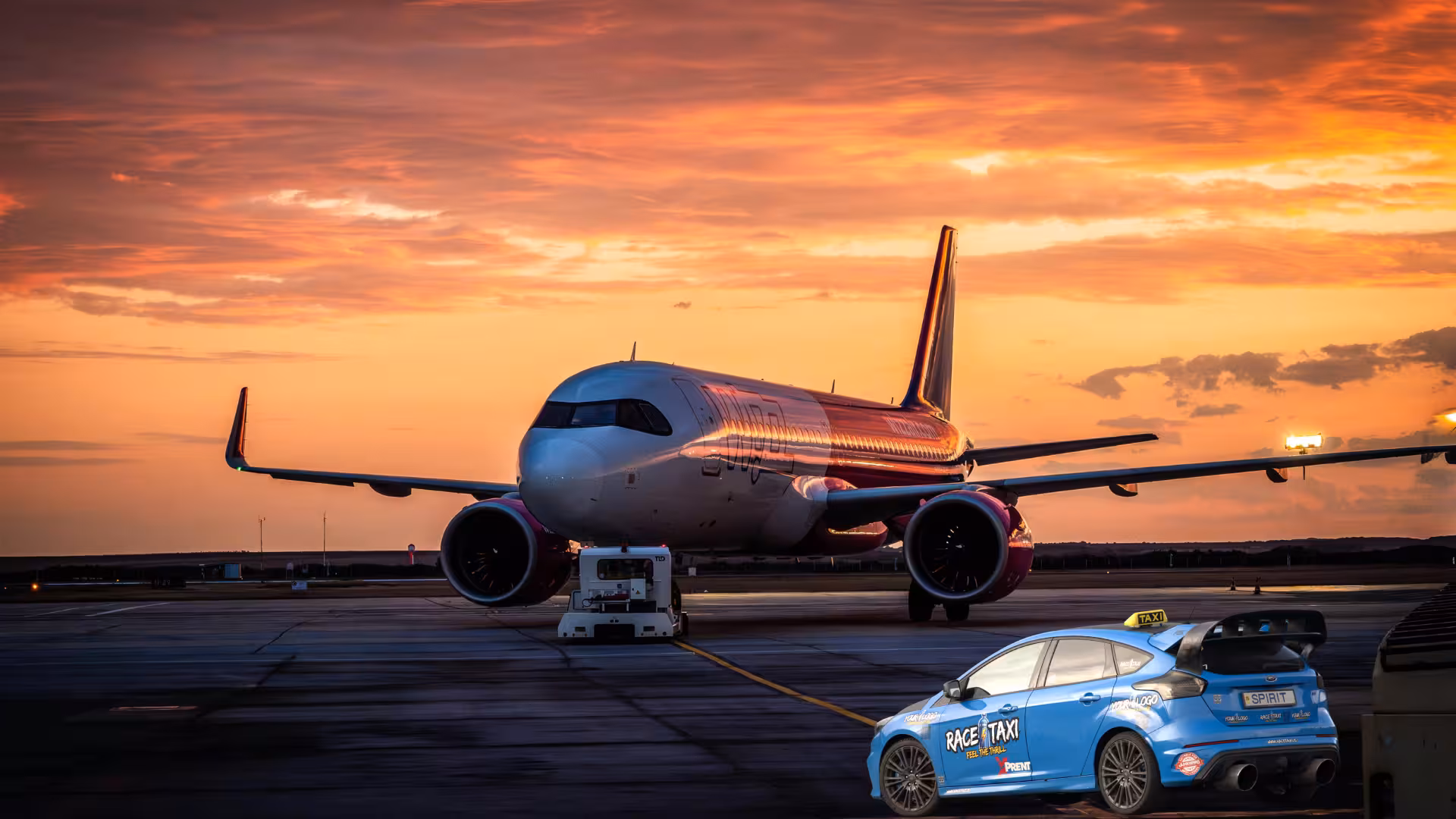 Rally car taxi on Keflavik Airport tarmac at sunset, private Iceland airport transfer to Reykjavik