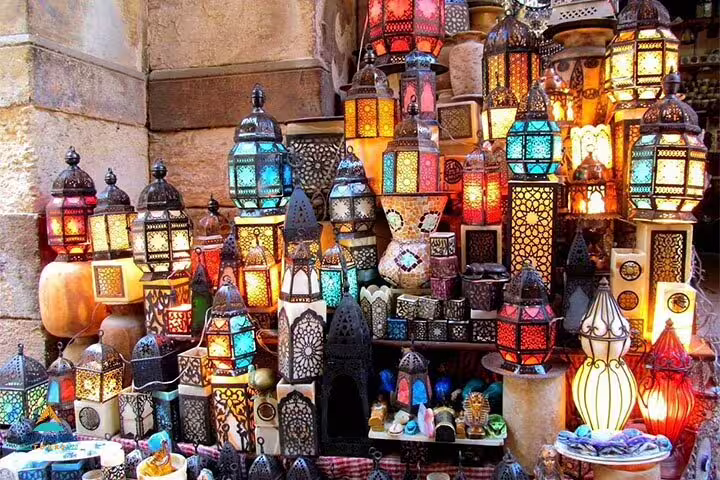 Colorful Ramadan lanterns for sale at Khan El Khalili Bazaar, El-Moez Street Cairo shopping tour